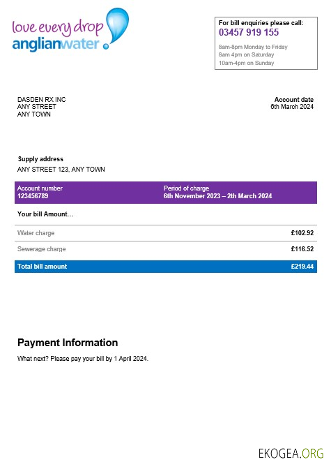 Modèle Word et PDF de facture de services publics d'eau d'Anglian aux États Unis